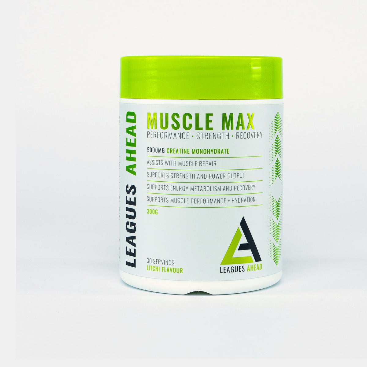 Leagues Ahead Muscle Max creatine monohydrate powder, litchi flavour 300g tub