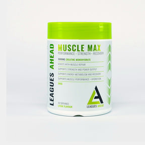Leagues Ahead Muscle Max creatine monohydrate powder, litchi flavour 300g tub